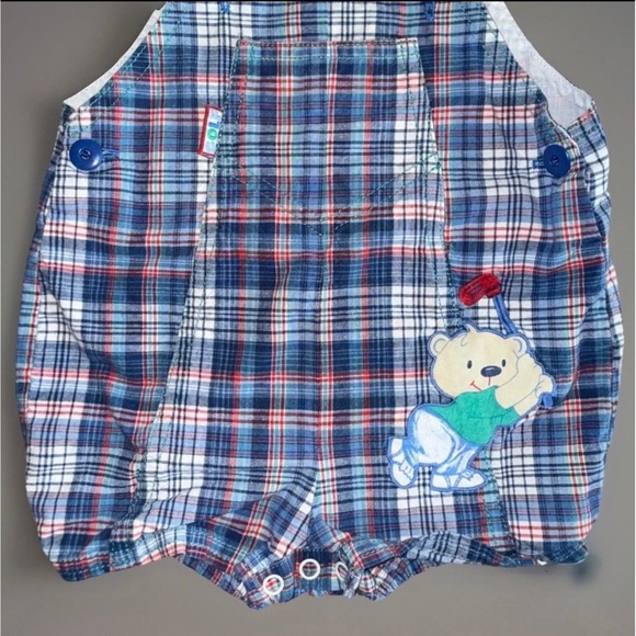 Vintage Baby Plaid Overalls Romper with Matching Hat Bear Golf Size 6-9 Months - Picture 3 of 8